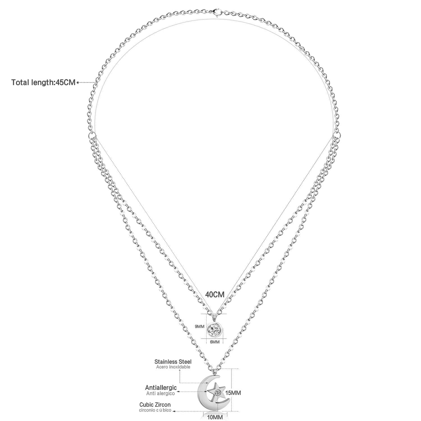 ASON Moon Star Pendant Necklaces Stainless Steel Gold Color Double Chain Necklace Statement Jewelry Wholesale Party Gift asonjewelry