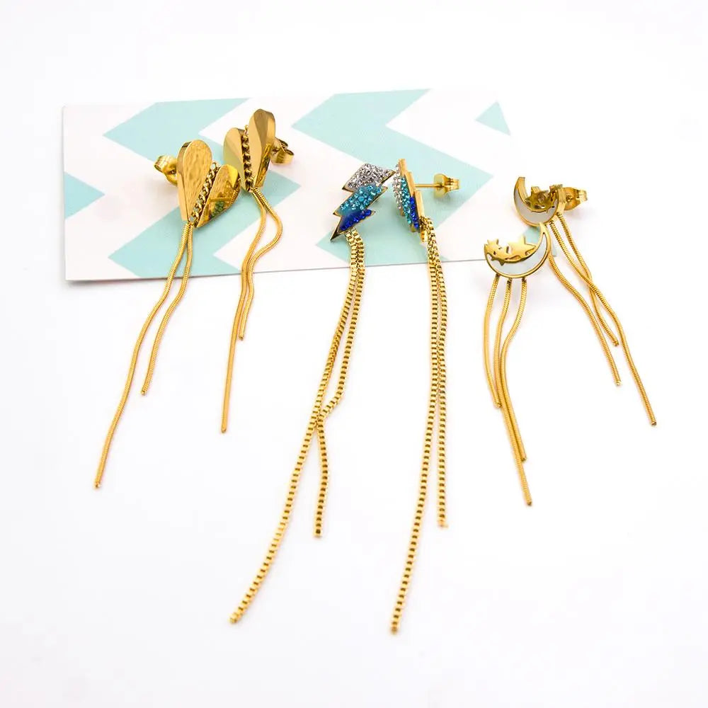 Stainless Steel Heart Tassel Earrings Lightning Drop Earrings For Woman Party Trendy Decor Fairy Moon Pendients Ear asonjewelry