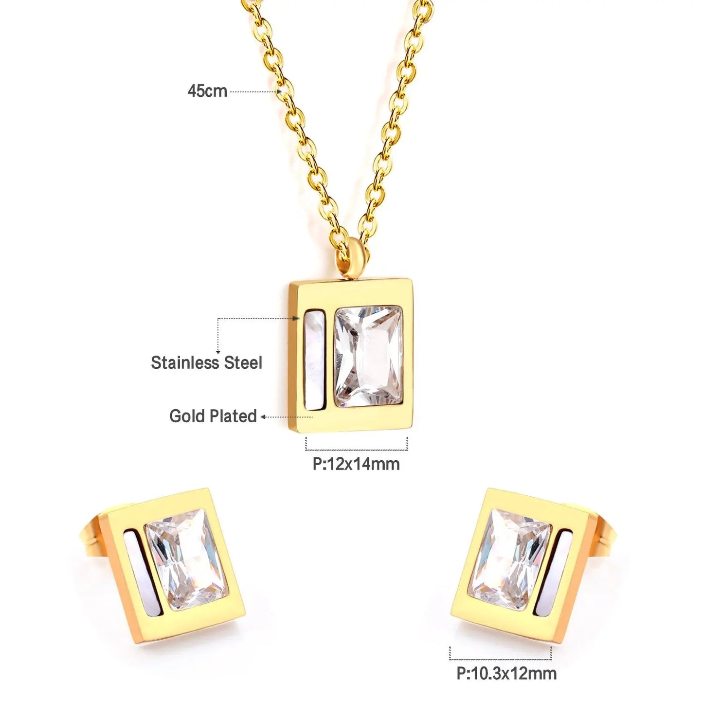 Stainless Steel Wedding Square Shell Chain Necklace Stud Earrings Bridal Jewelry Set Gold Jewellery Sets For Women asonjewelry