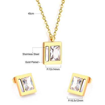 Stainless Steel Wedding Square Shell Chain Necklace Stud Earrings Bridal Jewelry Set Gold Jewellery Sets For Women asonjewelry