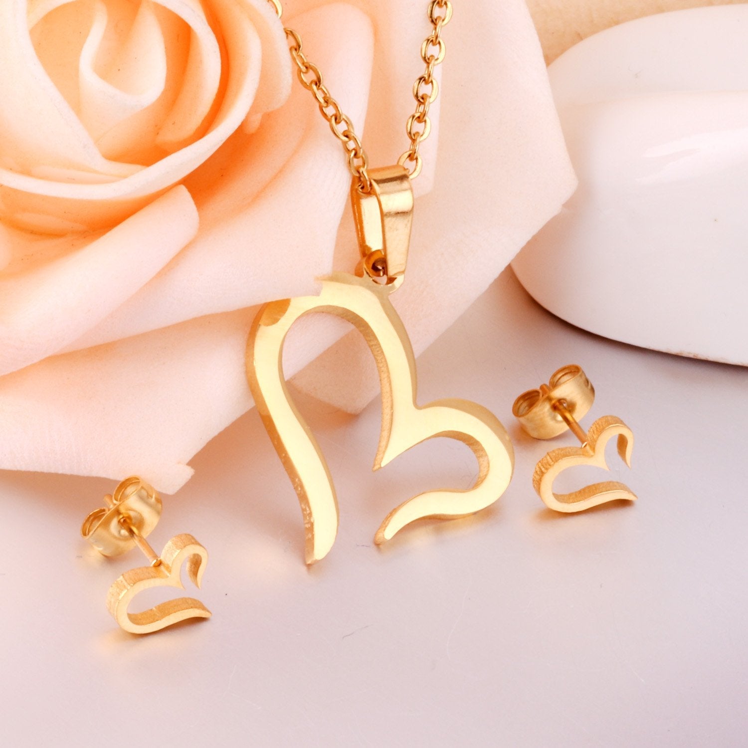 ASON Gold Color Jewelry Sets 316L Stainless Steel For Women Heart Pendant Necklace Small Stud Earrings For Femme Daily Wear asonjewelry
