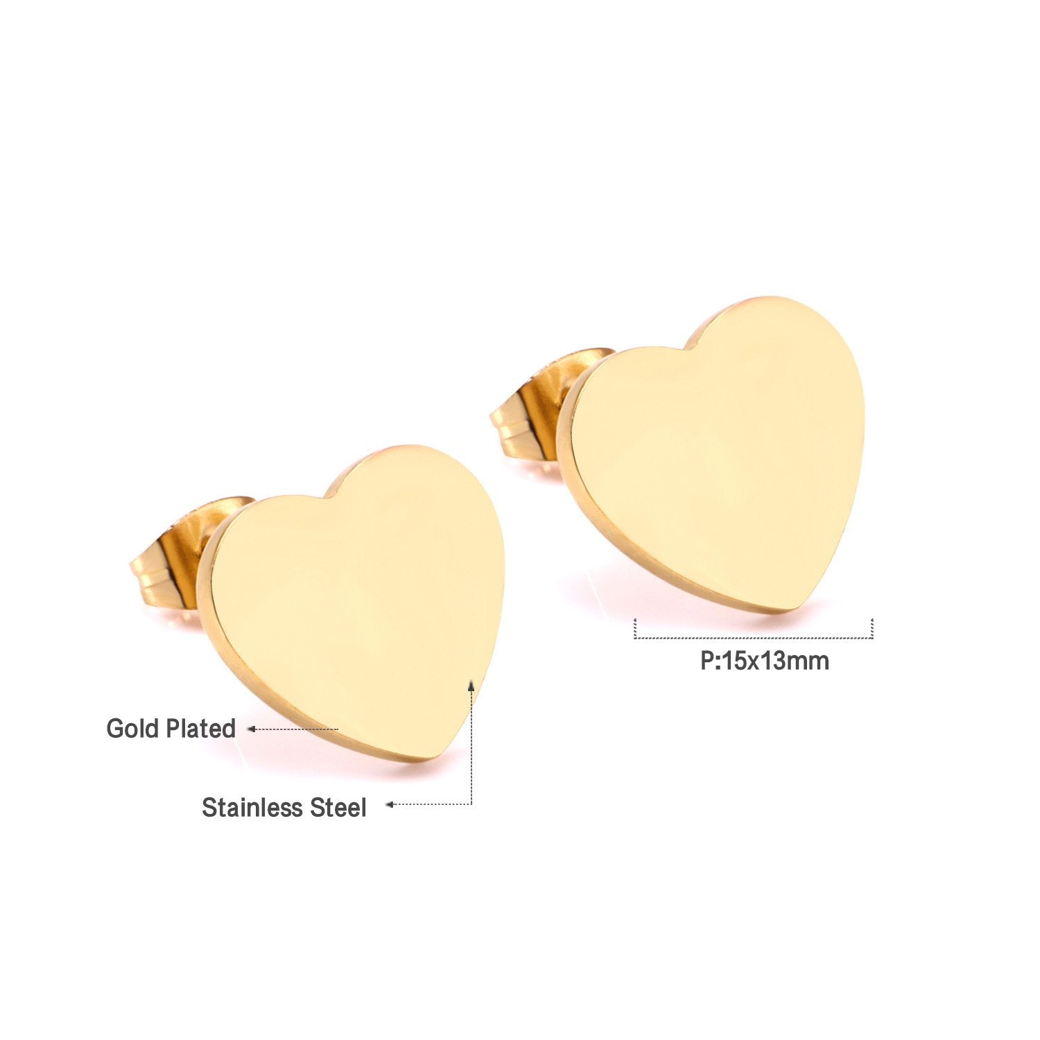 ASON Lover's Jewelry Gold Color Heart Earrings Stainless Steel Push Back Piercing Stud Earrings Ladies Accessories Party asonjewelry