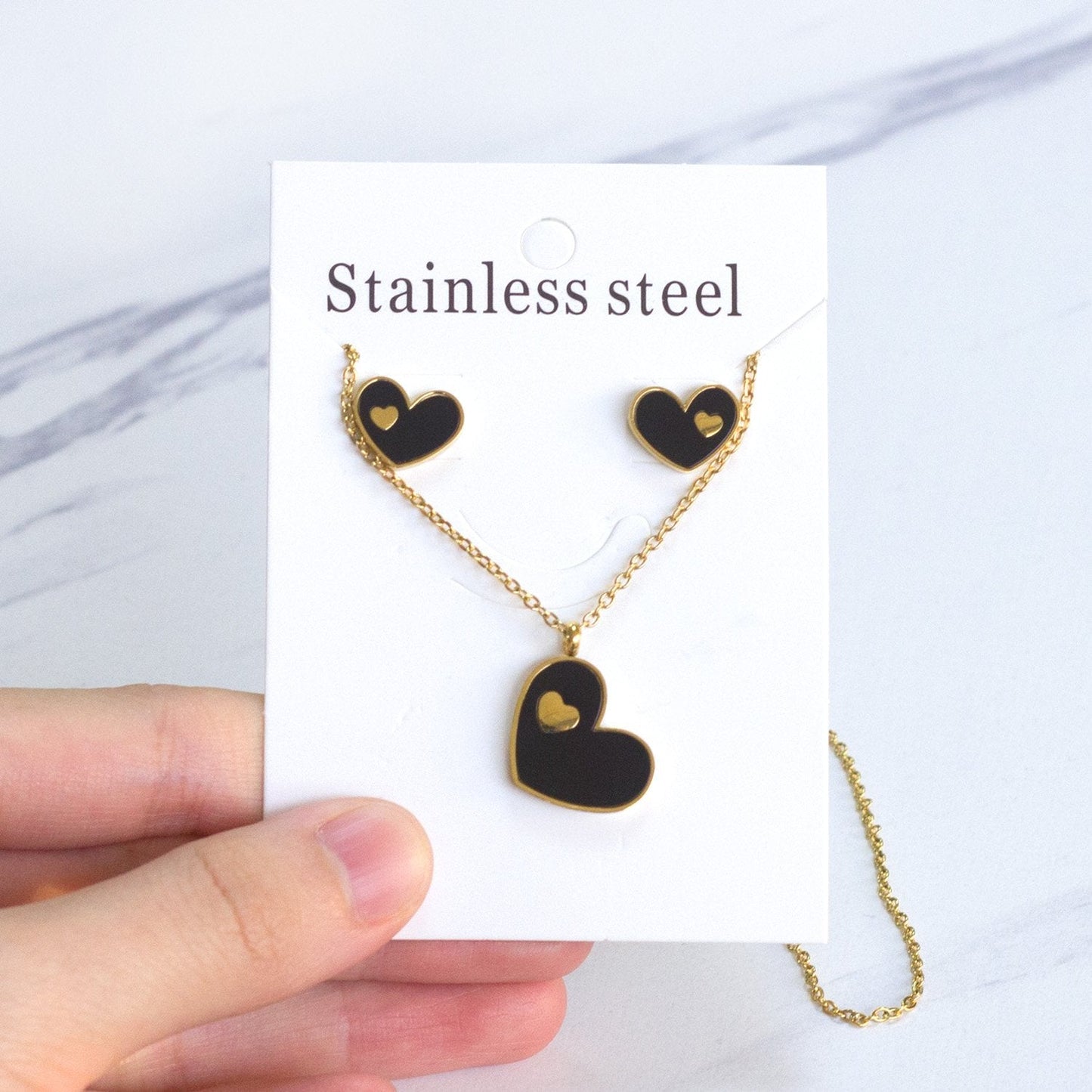 ASON Heart White/Black Shell Pendant Necklace Stud Earring Jewelry Sets Stainless Steel Gold Color Party Accessories Gift asonjewelry