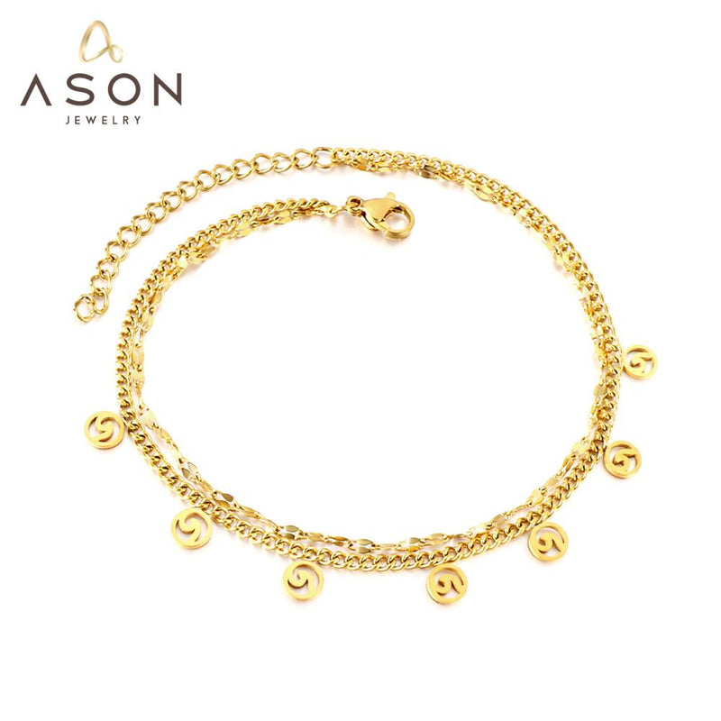 ASON moda forma redonda accesorios huecos cadenas multicapa tobilleras Color oro acero inoxidable para mujer joyería