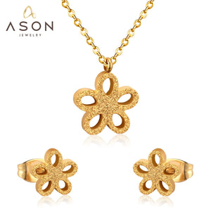 ASON Frosted Flower Chain Pendant Necklace Piercing Earrings Gold Color Stainless Steel for Women Jewelry Sets Fashion