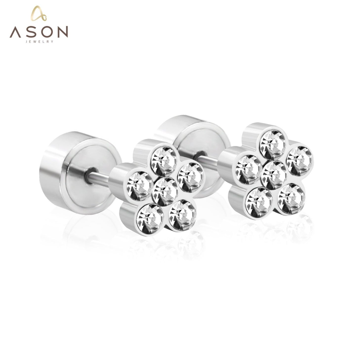 ASON White Crystal Earrings for Women/Kid Stainless Steel Flower Shape Silver Color Earring Fashion Jewelry Daily Wear asonjewelry
