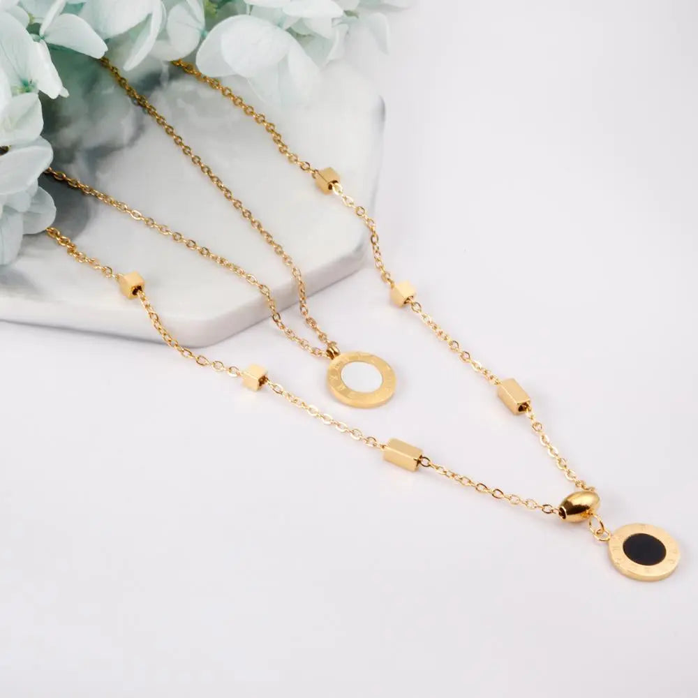 New Design Romantic Double Pendant Necklace For Women Design Roman Numerals Trendy Black And White Shell Collier asonjewelry