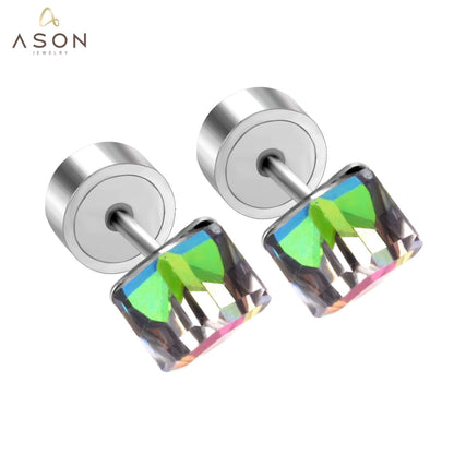 ASON Square Stud Earrings for Women/Girl Stainless Steel Silver Color Cubic Zirconia  Earring Collier Female Accessories asonjewelry