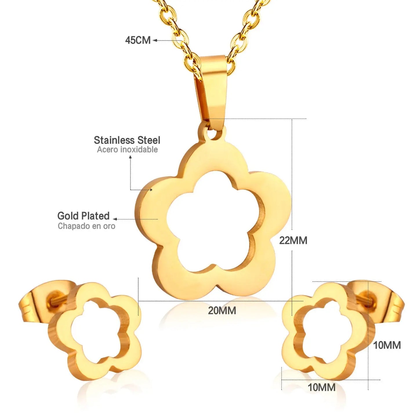 Flower Wedding Dubai African Jewelry Set Gold Pendant Necklace Earrings For Women Stainless Steel Jewelry Sets asonjewelry