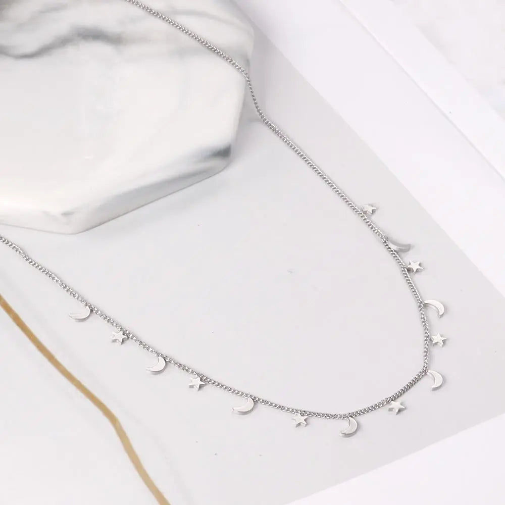 New Arrival Steel Color Moon And Star Pendant Necklace Female Jewelry Chains Necklaces Party Jewlley bijoux femme asonjewelry