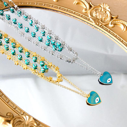 Triple Layered Green Necklaces Heart Eyes Pendant Collier For Trendy Woman Aesthetic Stars Chains Evil Eyes Choker asonjewelry