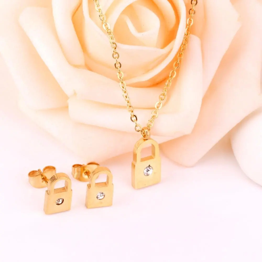 Dubai Wedding Jewelry Sets Stainless Steel Earings Lock Pendant Necklace Set For Women Girls Indian Jewelry Sets asonjewelry
