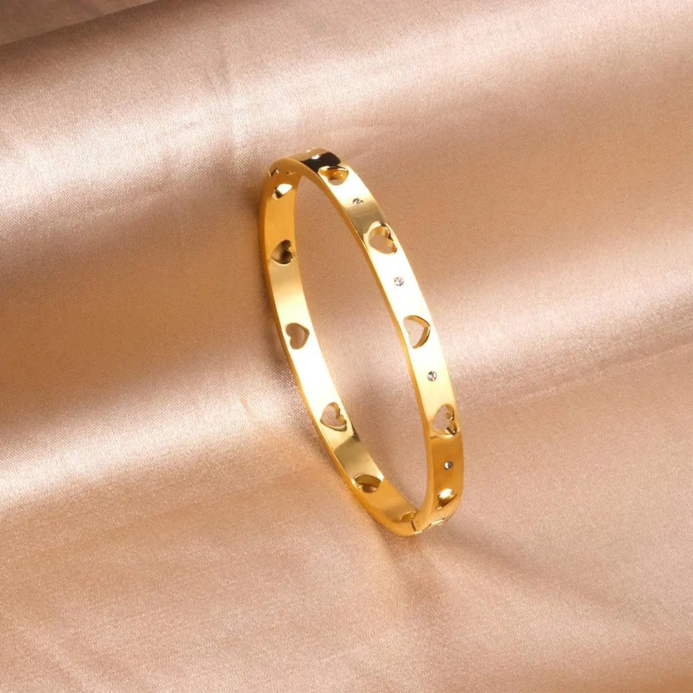 Gold Color Steel Hollow Out Heart Pattern Bangles For Women Friends Gifts Cubic Zirconia Bracelets On Hand Jewelry asonjewelry