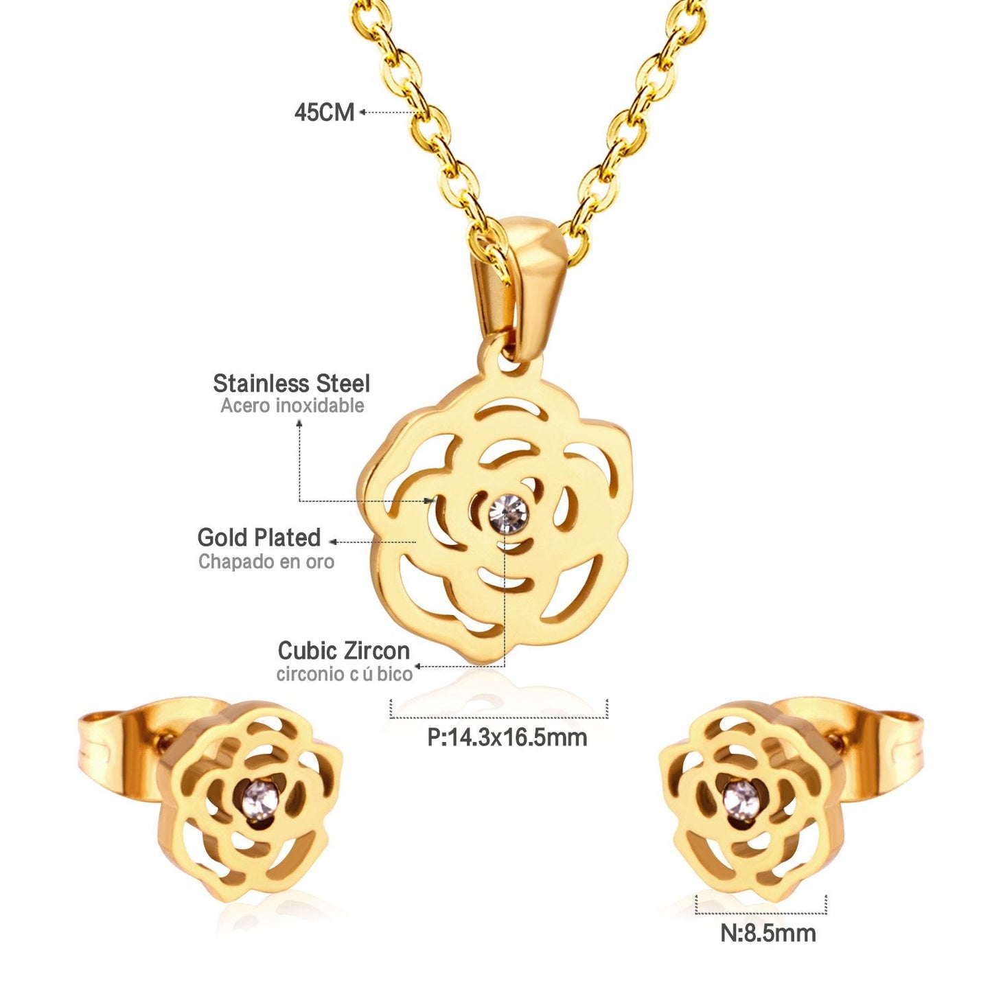 ASON Romantic Flower Shape Pendants Chain Necklace Piercing Stud Earrings Jewelry Sets Stainless Steel Gold Color For Women asonjewelry