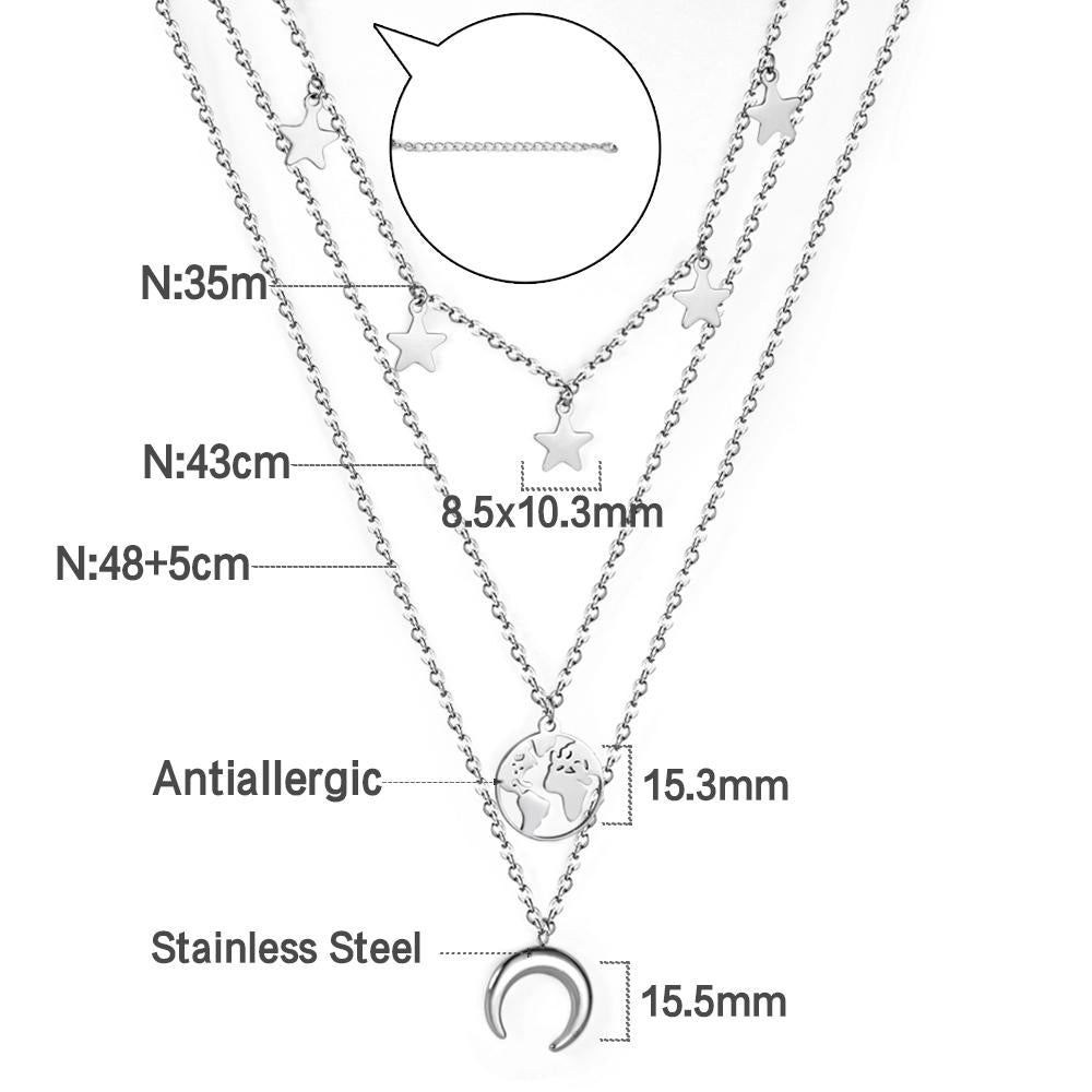 ASON Moon and Star Pendant Multi-layer Necklace 316L Stainless Steel Fashion Chains for Women Party Gift Jewelry Accessory asonjewelry