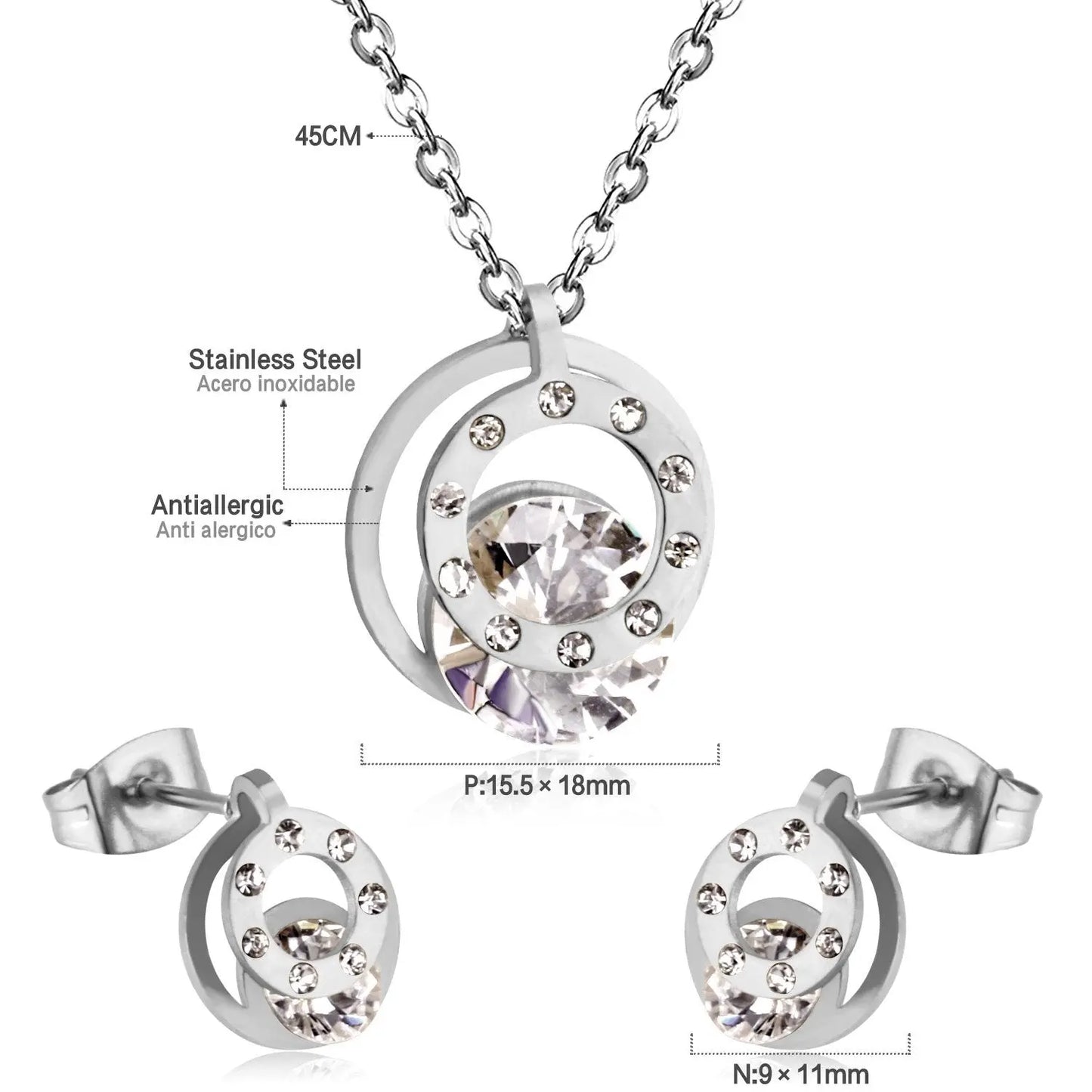 Cubic Zirconia Round Double Necklace Earrings Jewelry Sets For Women Girl bijoux Stainless Steel Wholesale Wedding asonjewelry