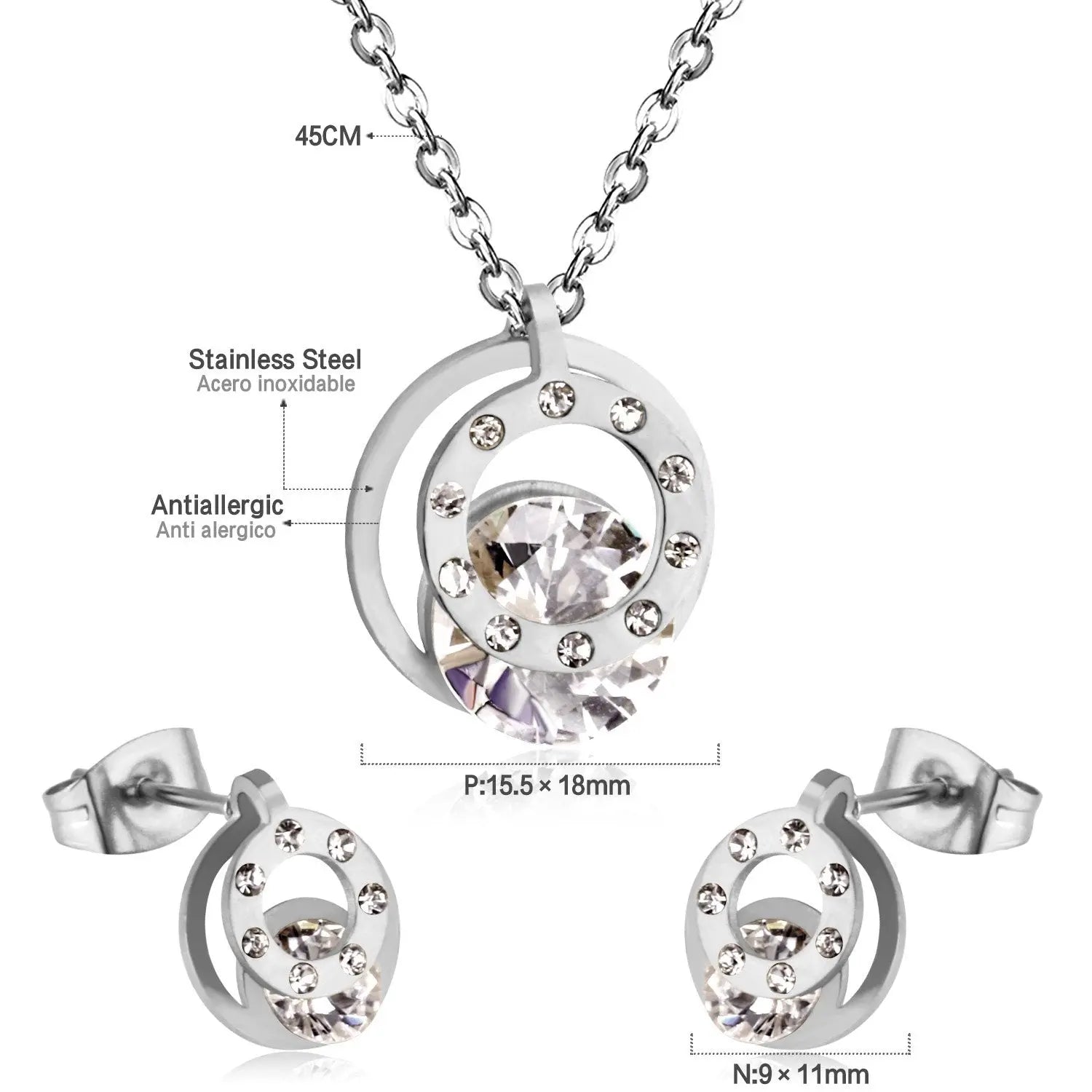 Cubic Zirconia Round Double Necklace Earrings Jewelry Sets For Women Girl bijoux Stainless Steel Wholesale Wedding asonjewelry