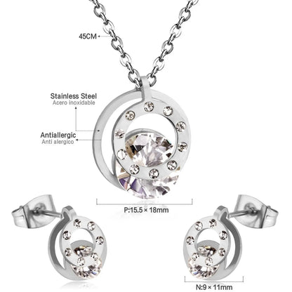 Cubic Zirconia Round Double Necklace Earrings Jewelry Sets For Women Girl bijoux Stainless Steel Wholesale Wedding asonjewelry