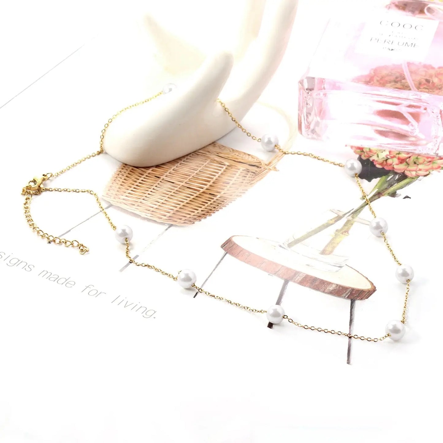 Gold Fake Pearl 6mm Pendant Link Chain 2021 Choker Necklace Women Jewelry Stainless Steel Babygirl Necklaces Set asonjewelry