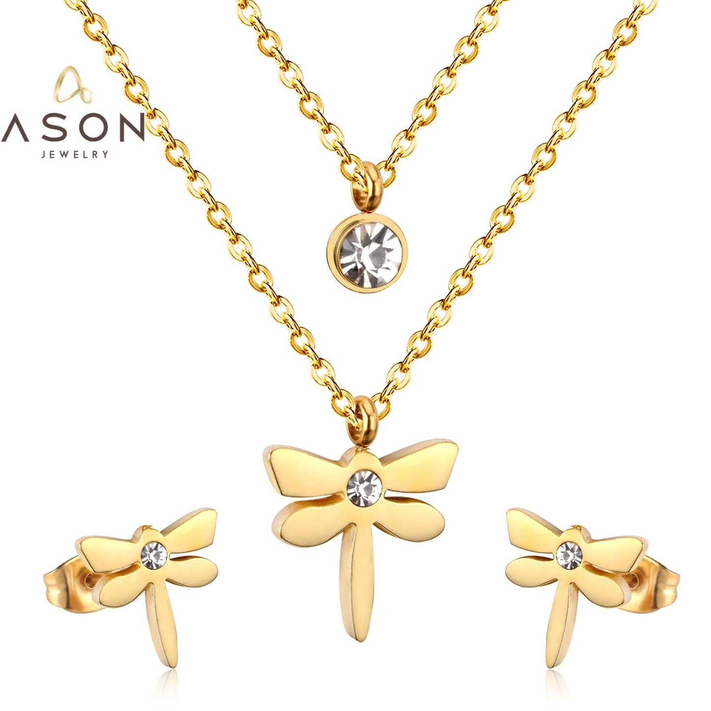 ASON Top 316L Stainless Steel Dragonfly Necklace Pendant Bridal Wedding Jewelry Set for Women 2019 Small Stud Earring Sets asonjewelry