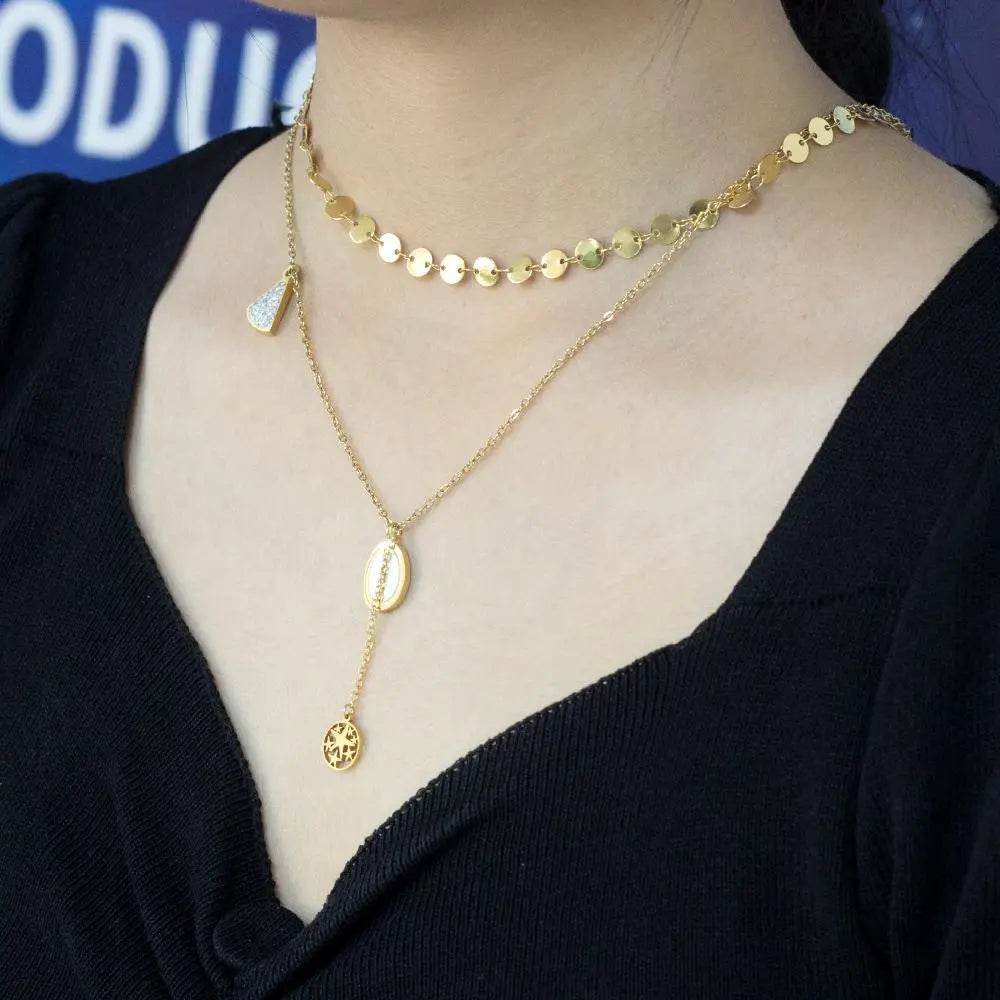 45+5CM Gold Color Luxury Triangle With Crystal Pendant Necklaces For Women Double Chain Jewelry bijoux femme 2021 asonjewelry