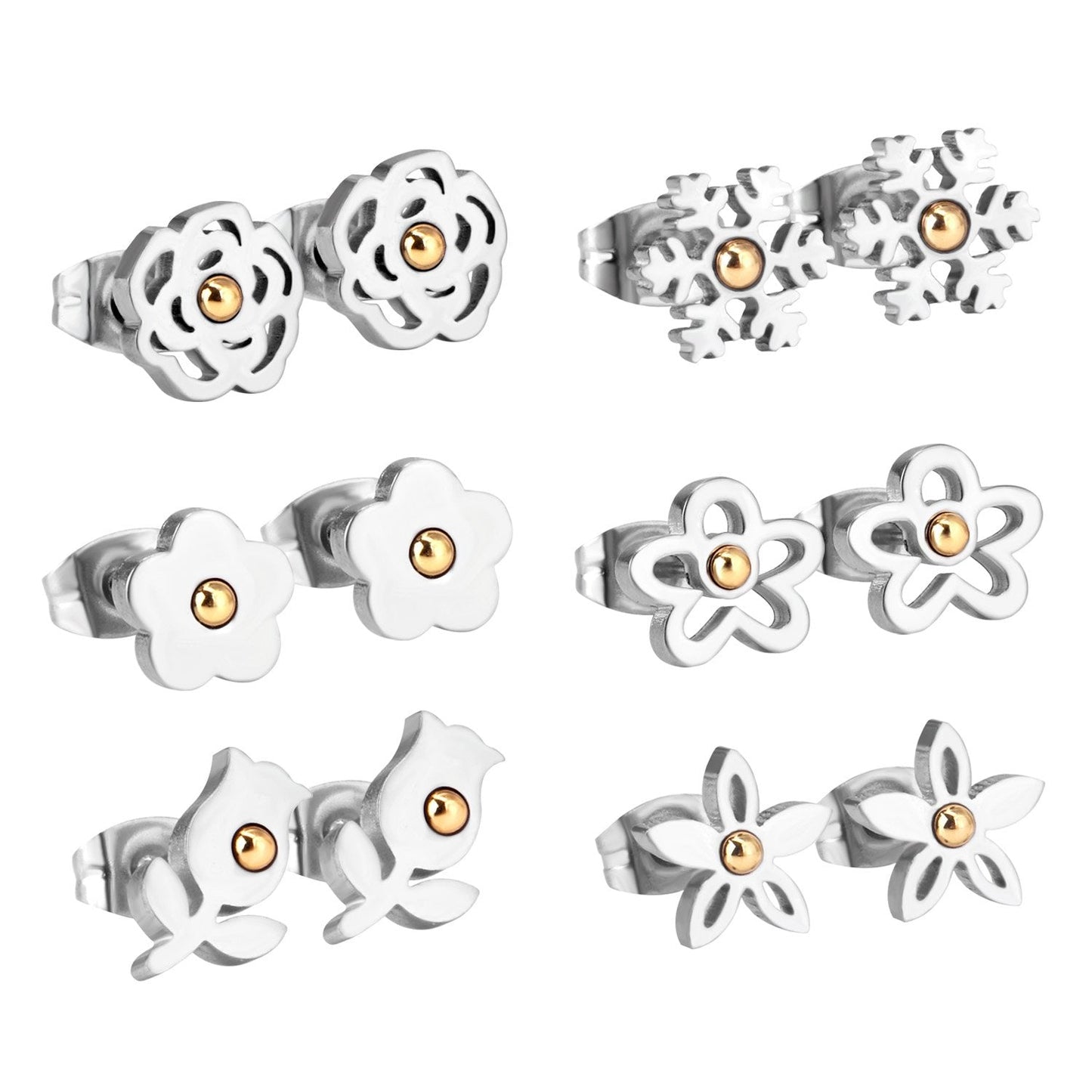 ASON 6pairs/Box Flower with Ball Classic Piercing Stud Earrings Set Stainless Steel Silver Color Fashion Jewelry for Women asonjewelry