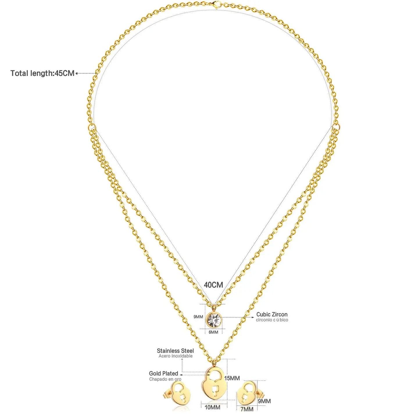 Gold/Steel Double Chains Necklace Women Accessories Stainless Steel Round Cubic Zirconia And Lock Pendant Necklace asonjewelry