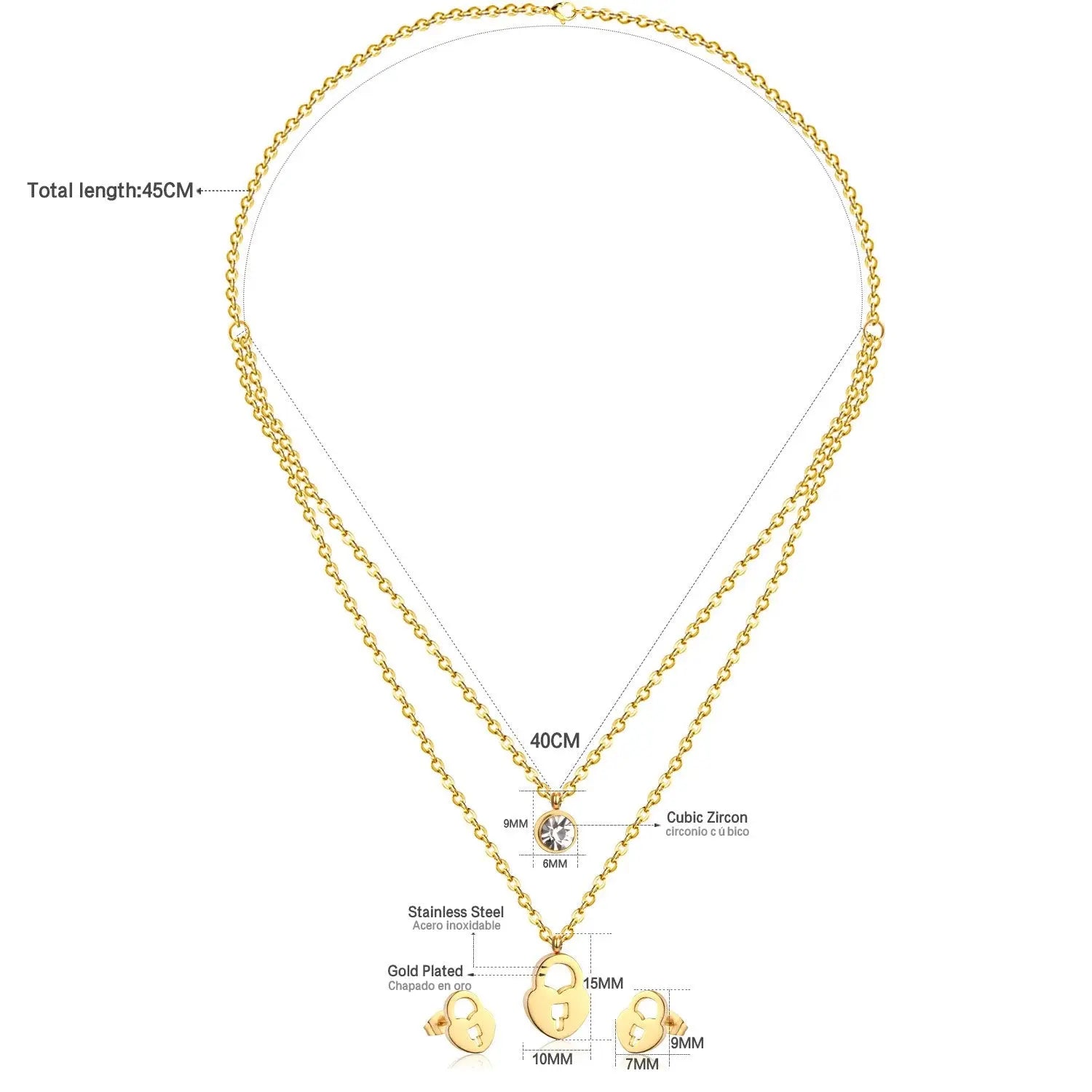 Gold/Steel Double Chains Necklace Women Accessories Stainless Steel Round Cubic Zirconia And Lock Pendant Necklace asonjewelry