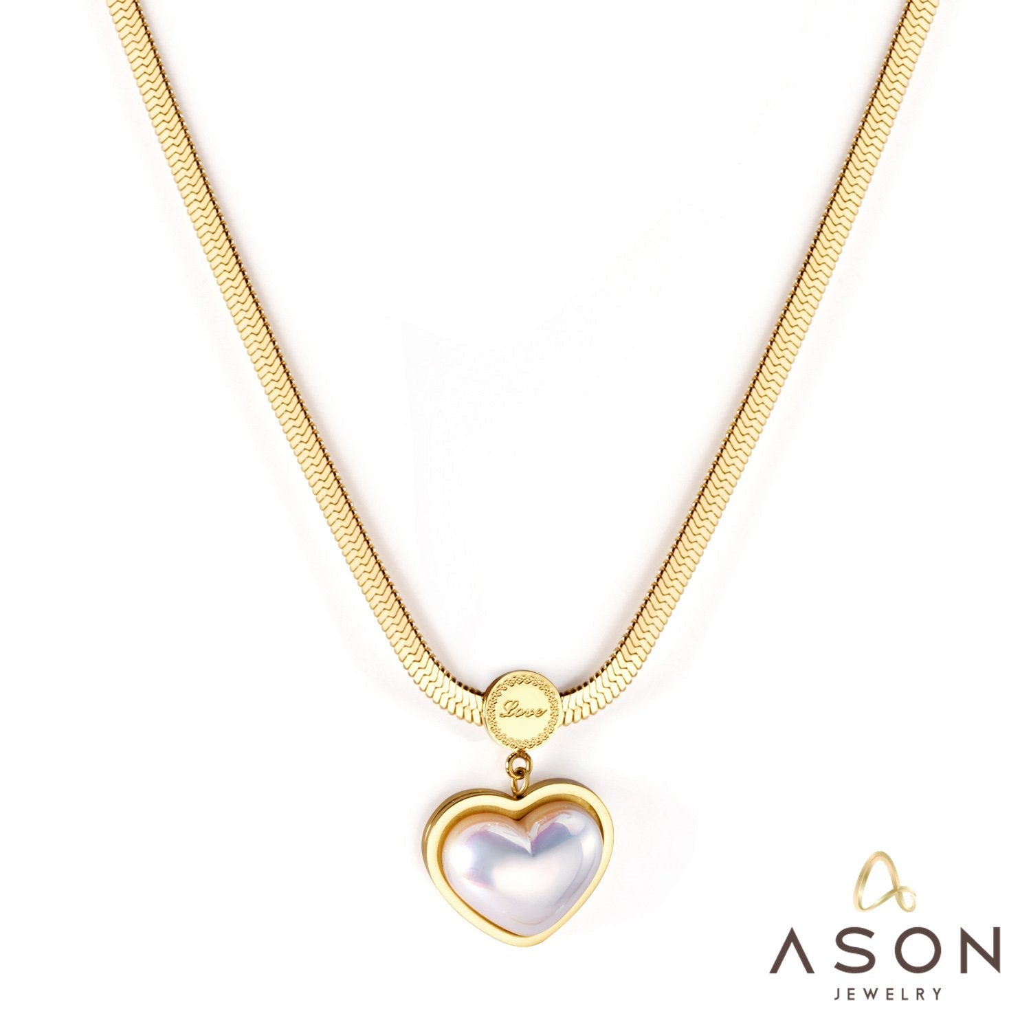 ASON Fashion Imitation Heart Shape Pearl Pendant Necklace Stainless Steel Choker for Women Wedding Jewelry Gift asonjewelry