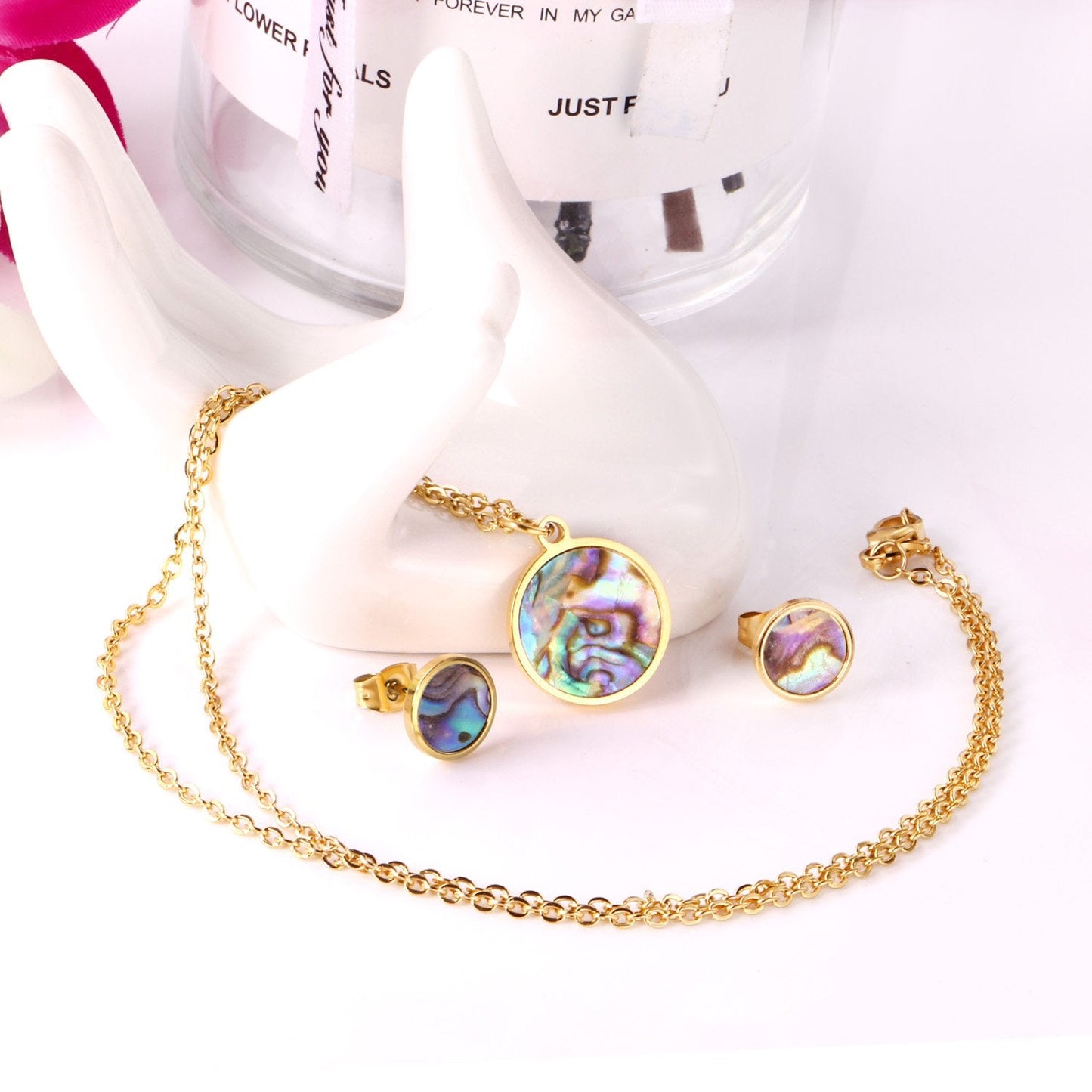 ASON Round  Wedding Shell Carbon Fiber Jewelry Sets Pendant Necklace & Small Stud Earrings 316L Stainless Steel for Women asonjewelry