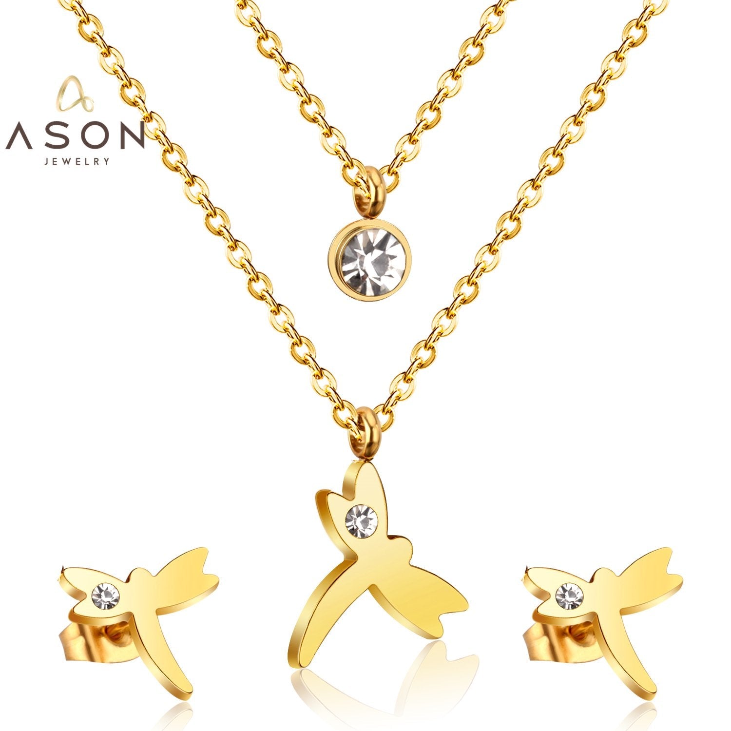 ASON Fashion 316L Stainless Steel Gold Bridal Wedding Jewelry Set for Women Dragonfly Necklace Pendant Small Stud Earring asonjewelry