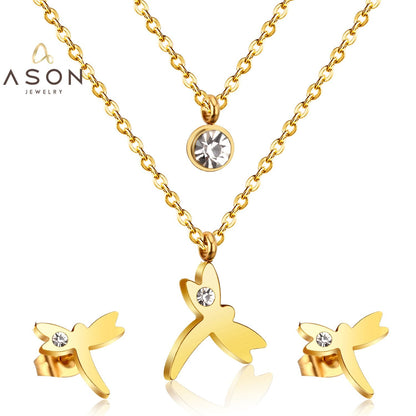 ASON Fashion 316L Stainless Steel Gold Bridal Wedding Jewelry Set for Women Dragonfly Necklace Pendant Small Stud Earring asonjewelry