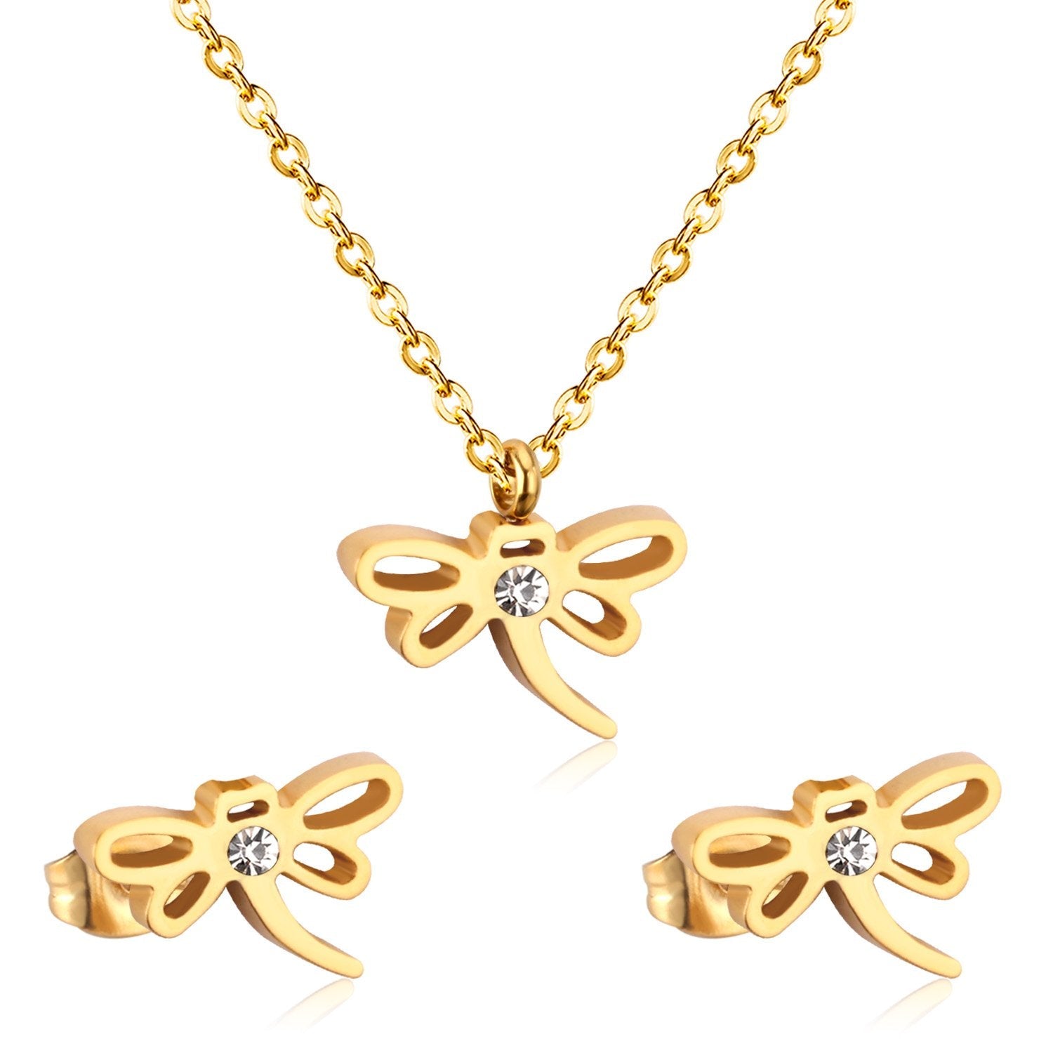 ASON Dragonfly Necklace Earrings Jewelry Set Stainless Steel Gold Color Animal Pendants Necklaces Statement Fashion Jewelry asonjewelry