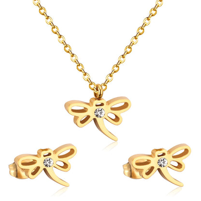 ASON Dragonfly Necklace Earrings Jewelry Set Stainless Steel Gold Color Animal Pendants Necklaces Statement Fashion Jewelry asonjewelry