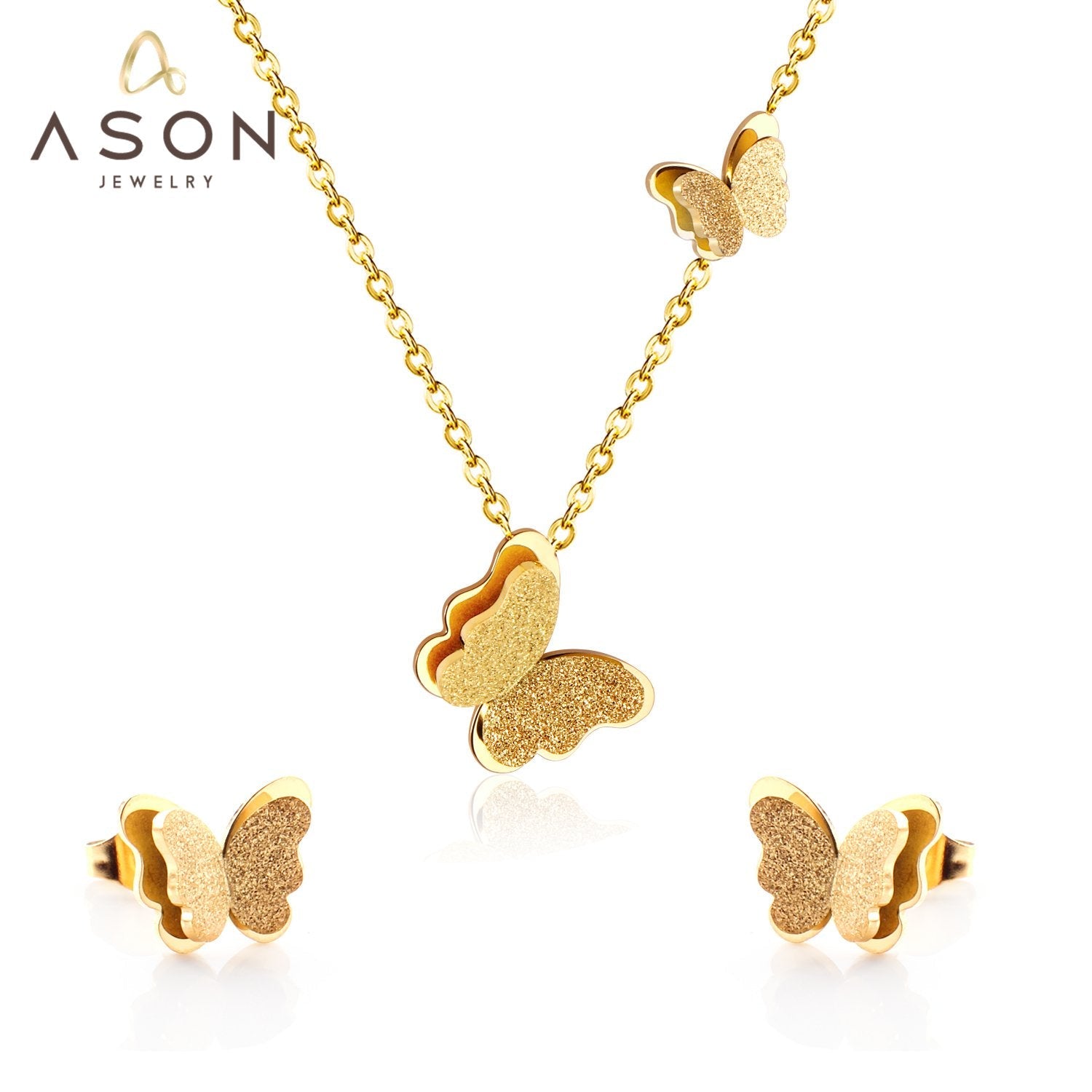 ASON Stylish Frosted Butterfly Pendant Necklace and Stud Earrings Set Stainless Steel Jewelry Set for Women Daily Wear asonjewelry