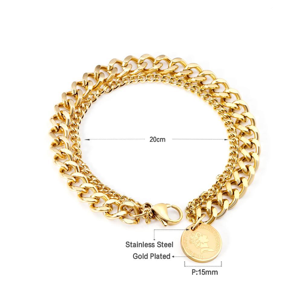 ASON Fashion 316L Stainless Steel Double Chain Bracelet with Coin Cuban Link Chain Bangles Unisex Wrist Jewelry asonjewelry
