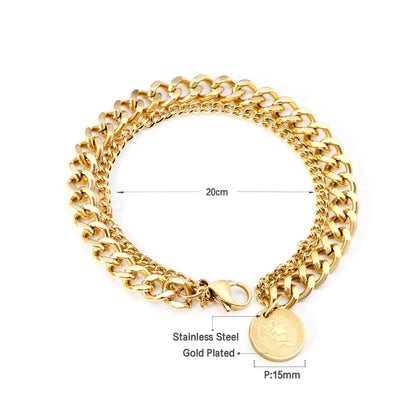 ASON Fashion 316L Stainless Steel Double Chain Bracelet with Coin Cuban Link Chain Bangles Unisex Wrist Jewelry asonjewelry