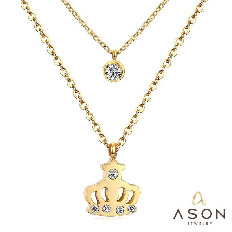 ASON Necklaces Stainless Steel Round Cubic Zirconia Pendant Necklaces Gold Color Double Chainlaces Party Gift Chokers
