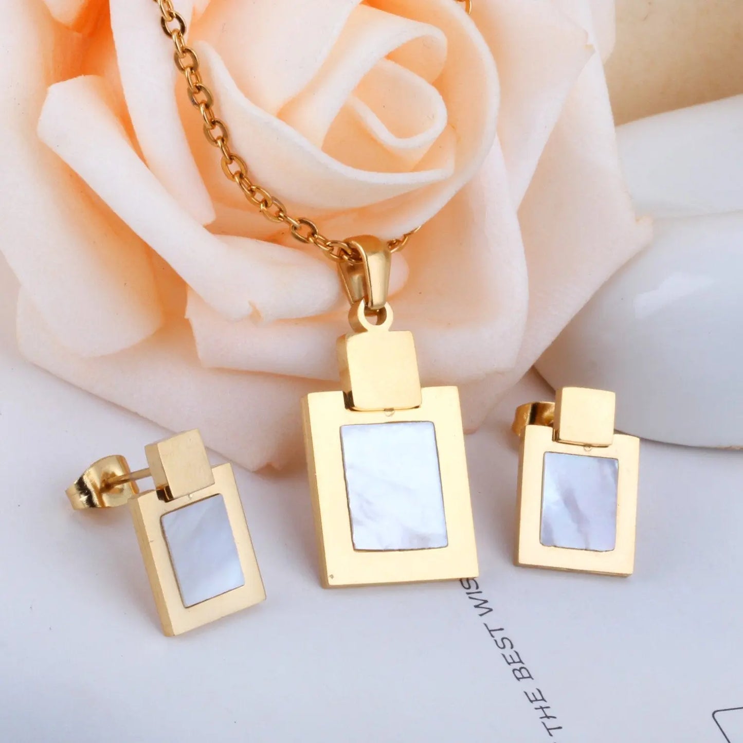 Cute Style Square Shell Necklace Earring Sets For Women Girl Jewelry Sets With 45cm Chain 2 Color Choker Necklaces asonjewelry