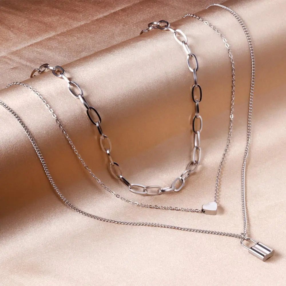 Thick Chain Necklace For Girls Cool Trendy Decor Steel Necklace For Women Cute Heart Lock Pendant Collier Aesthetic asonjewelry