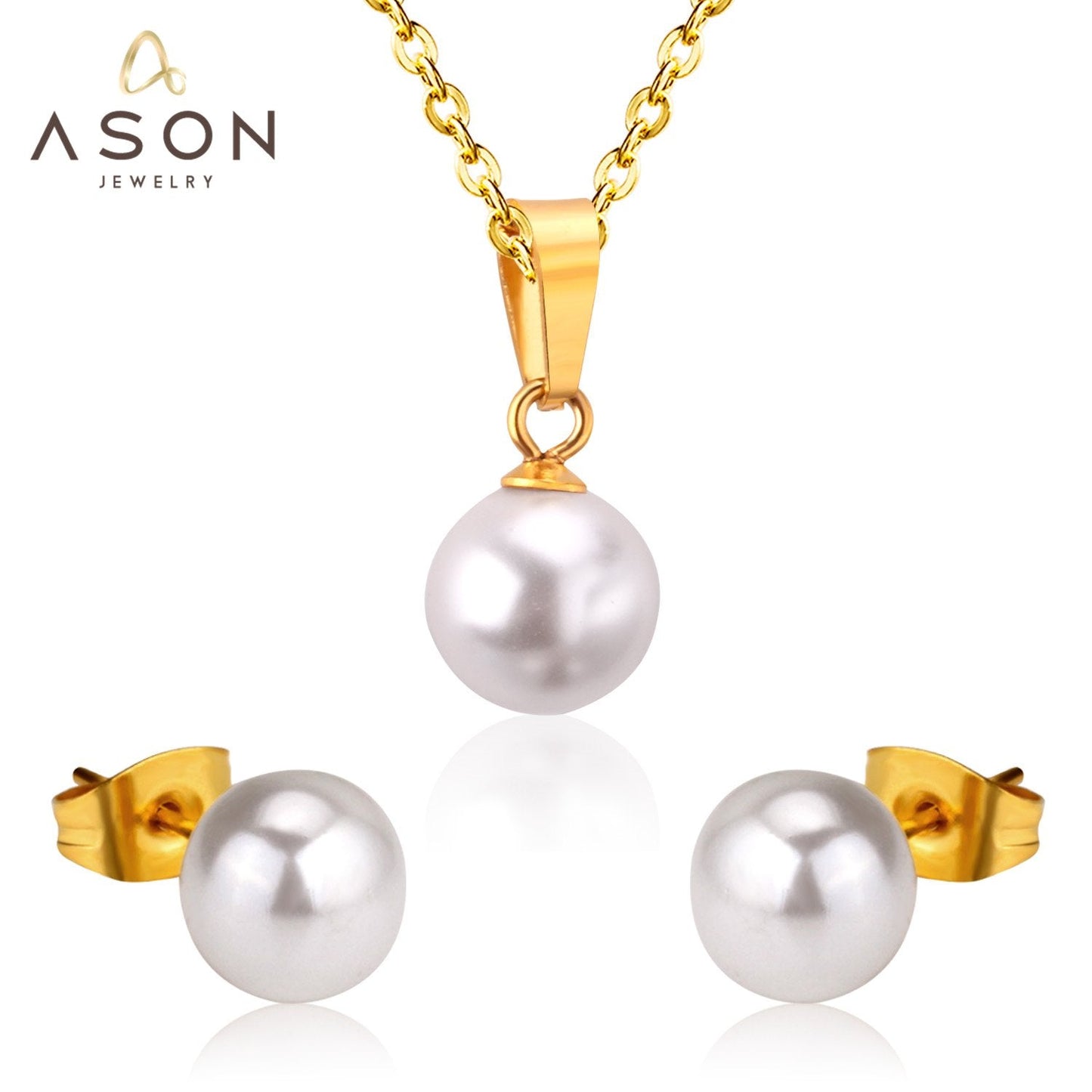 ASON 316L Stainless Steel Bridal Wedding Gold Imitation Pearl Jewelry Sets for Women Necklace Pendant Small Stud Earrings asonjewelry