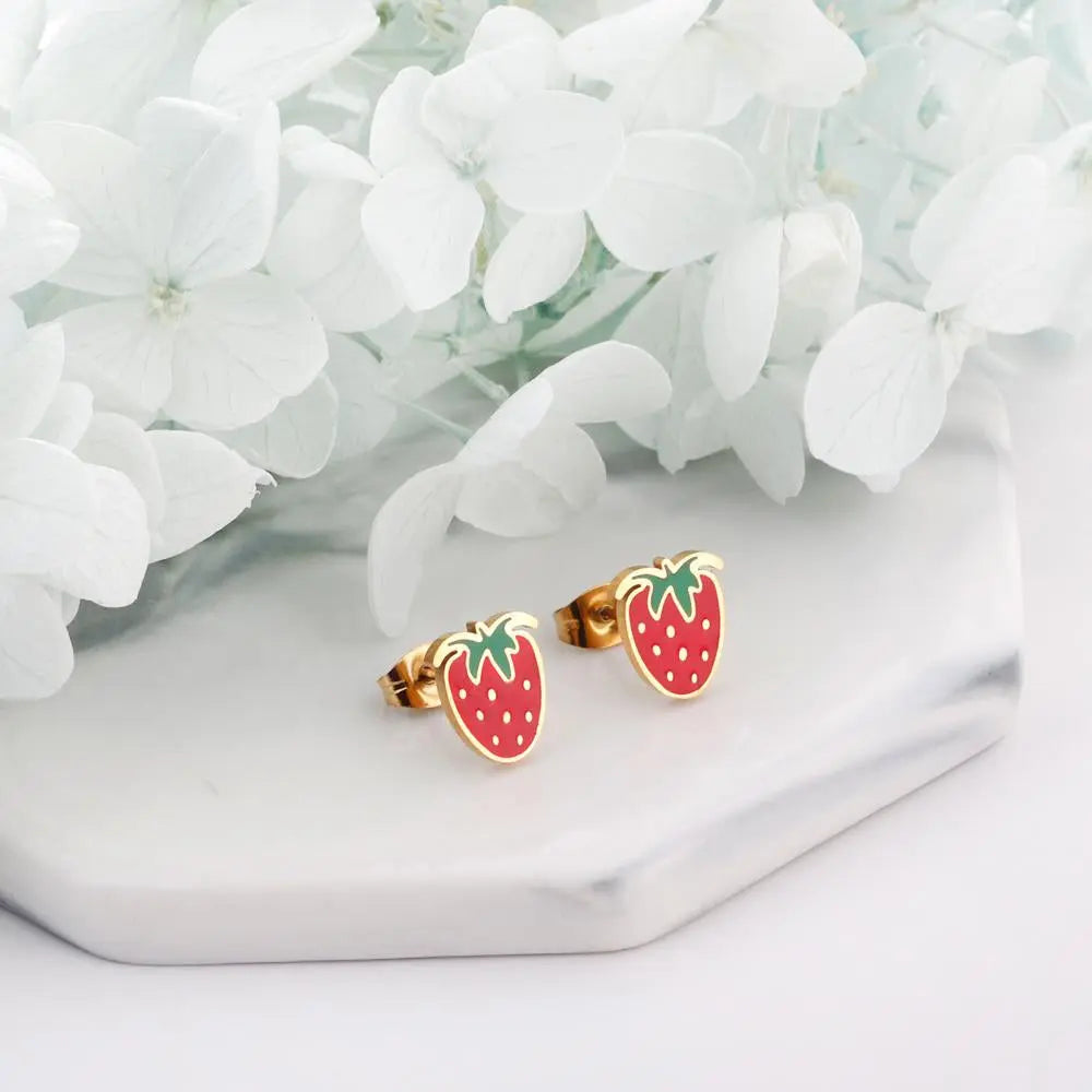Small Earrings 2022 Stainless Steel Gold Color Push Back Strawberry Stud Earring Fashion Jewelry Party Baby Accessorie asonjewelry