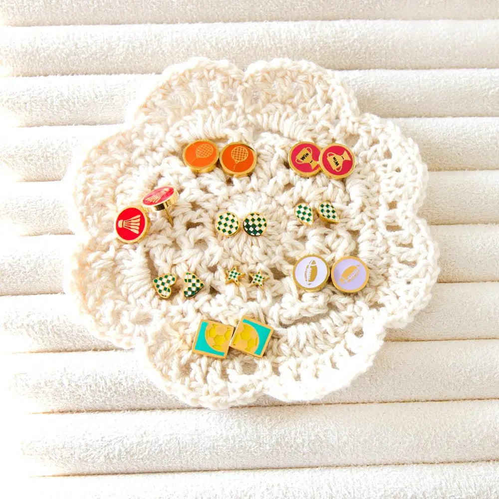 Enamel Stud Earrings Stainless Steel Sports Pattern Jewelry Football Badminton Tennis Kids Sugical Round Piercing asonjewelry