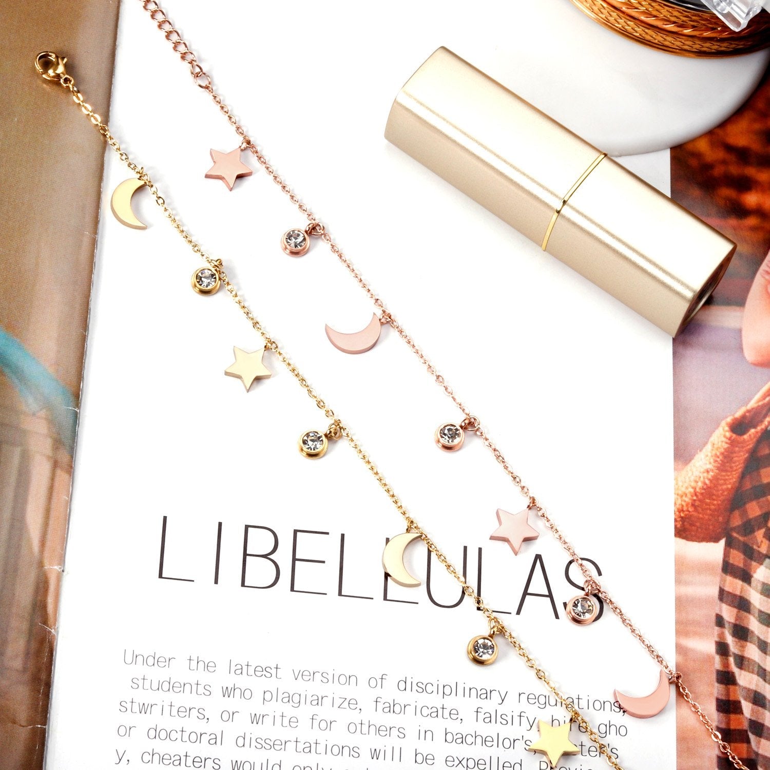 ASON Trendy Moon Star Cubic Zirconia Pendant Charm Bracelet Gol Color Stainless Steel Bangle for Women Girl Fashion Jewelry asonjewelry