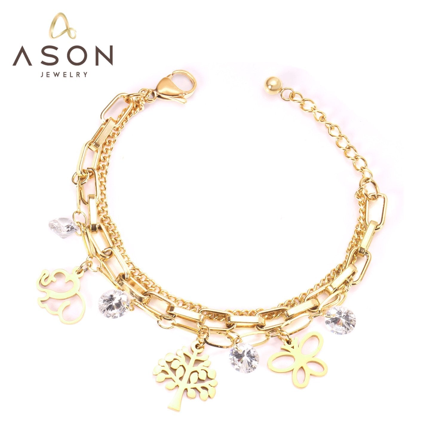 ASON Unique Extender Link Chain Bracelets Stainless Steel Gold Color Tree With Round Cubic Zirconia Adjustable Bracelets asonjewelry