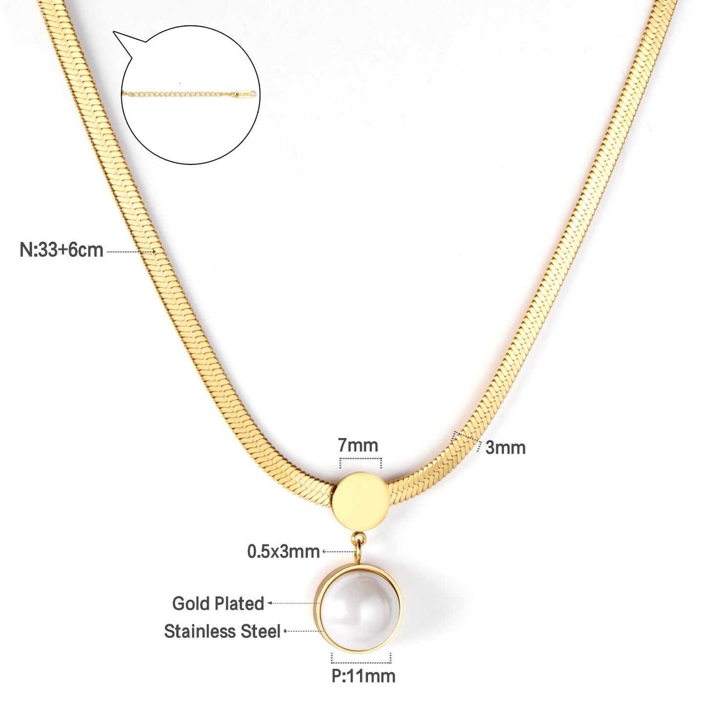 ASON Gold Color Flat Snake Chain Round Imitation Pearl Pendant Necklace Stainless Steel Choker for Women Fashion Jewelry asonjewelry