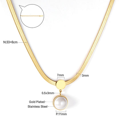 ASON Gold Color Flat Snake Chain Round Imitation Pearl Pendant Necklace Stainless Steel Choker for Women Fashion Jewelry asonjewelry