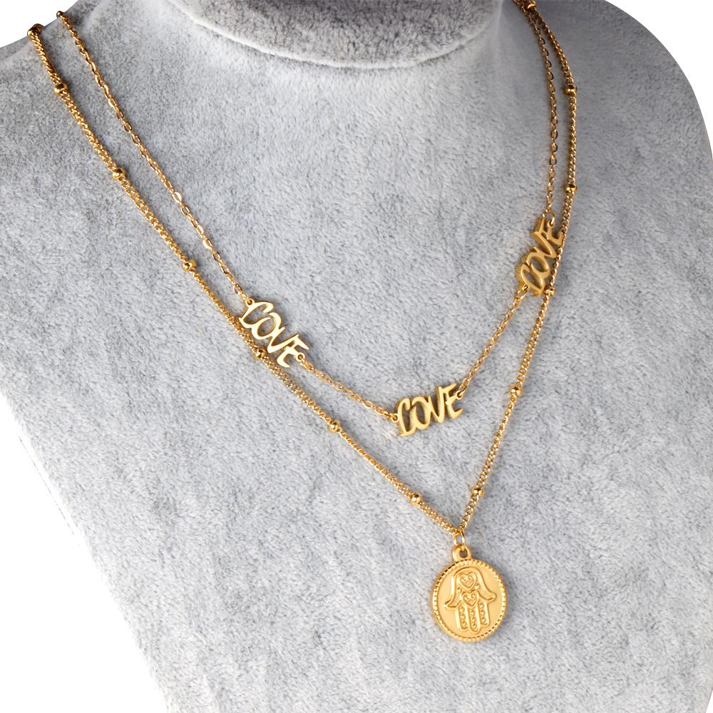 ASON Gold Color Hamsa Hand Round Pendant Multi-layer Necklace Stainless Steel Fatima Choker for Women Men Fashion Jewelry asonjewelry