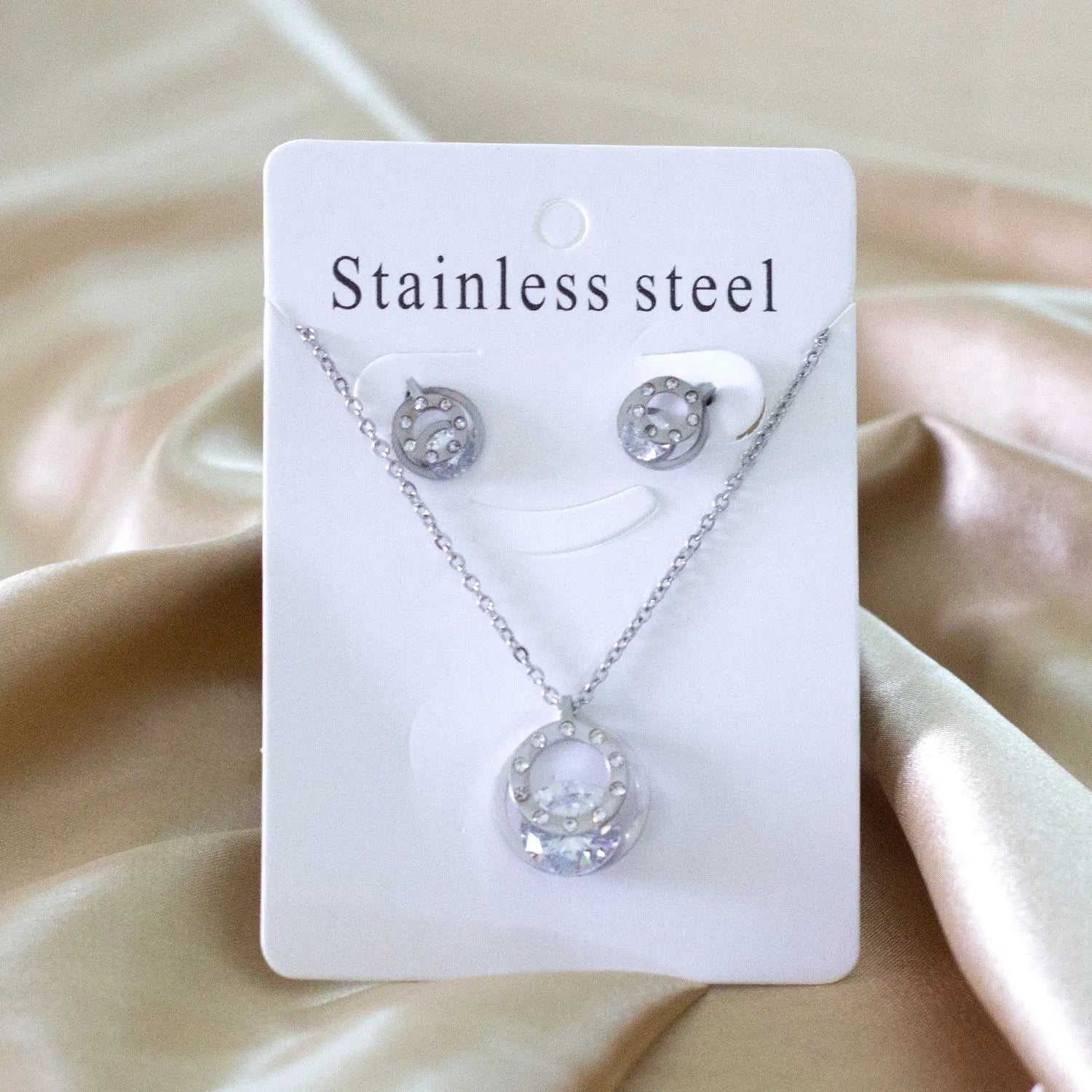 Cubic Zirconia Round Double Necklace Earrings Jewelry Sets For Women Girl bijoux Stainless Steel Wholesale Wedding asonjewelry