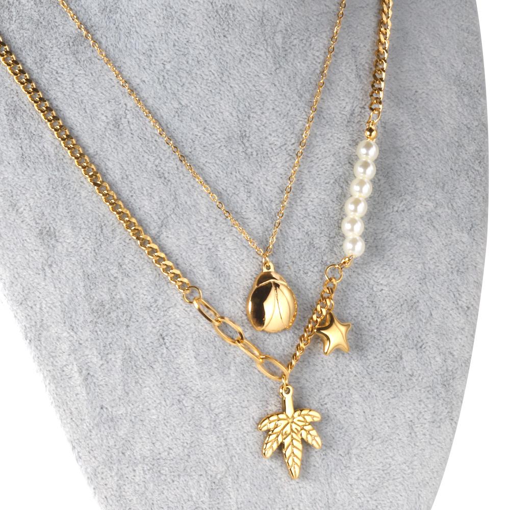 ASON Leaves Ladybug Imitation Pearl Multi-layer Chains Pendant Necklaces Gold Color Stainless Steel for Women Jewelry asonjewelry